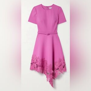 OSCAR DE LA RENTA Belted asymmetric guipure lace-trimmed wool-blend dress